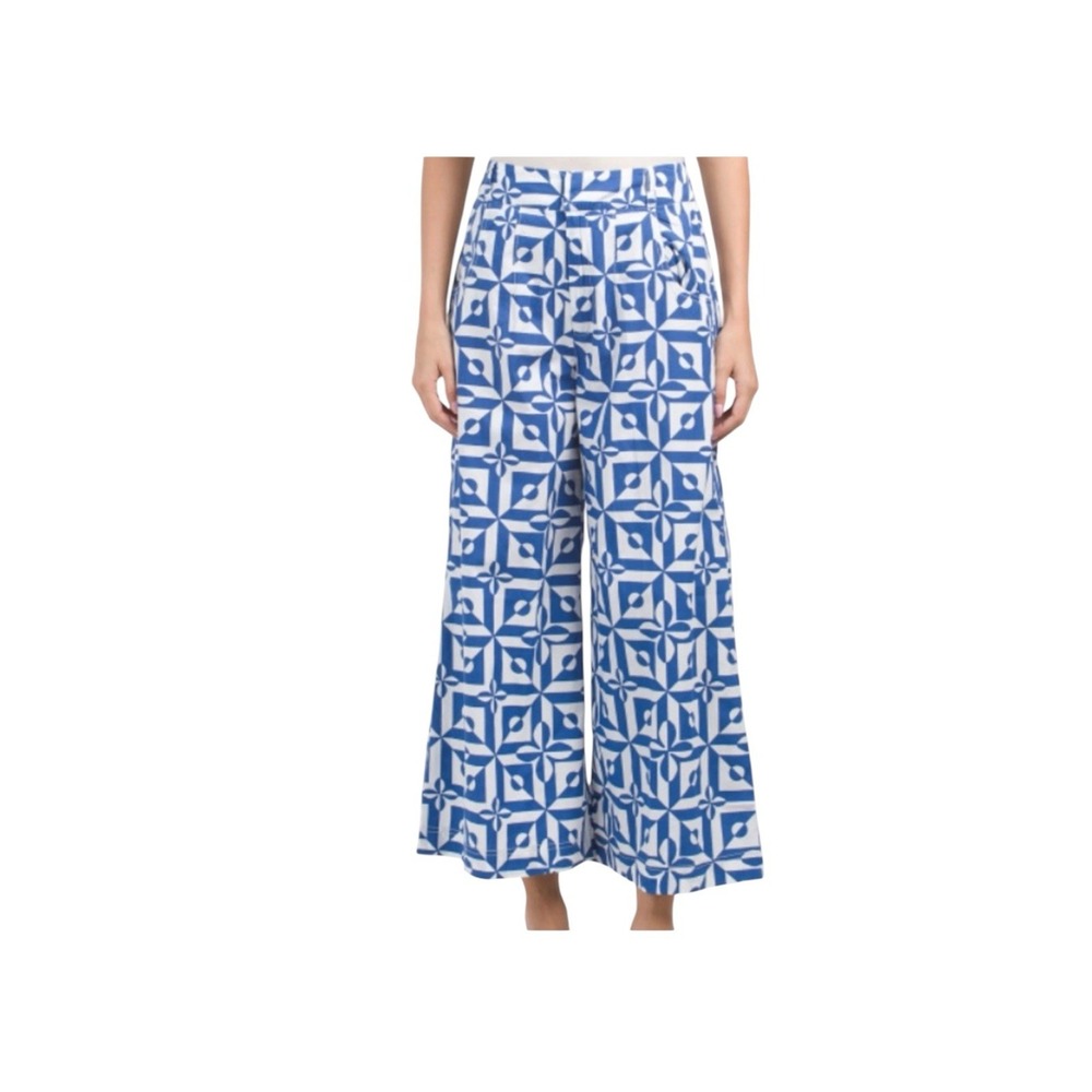 Free People Menorca Blue/White Geometric Print Cropped Wide Leg Pants Size 2